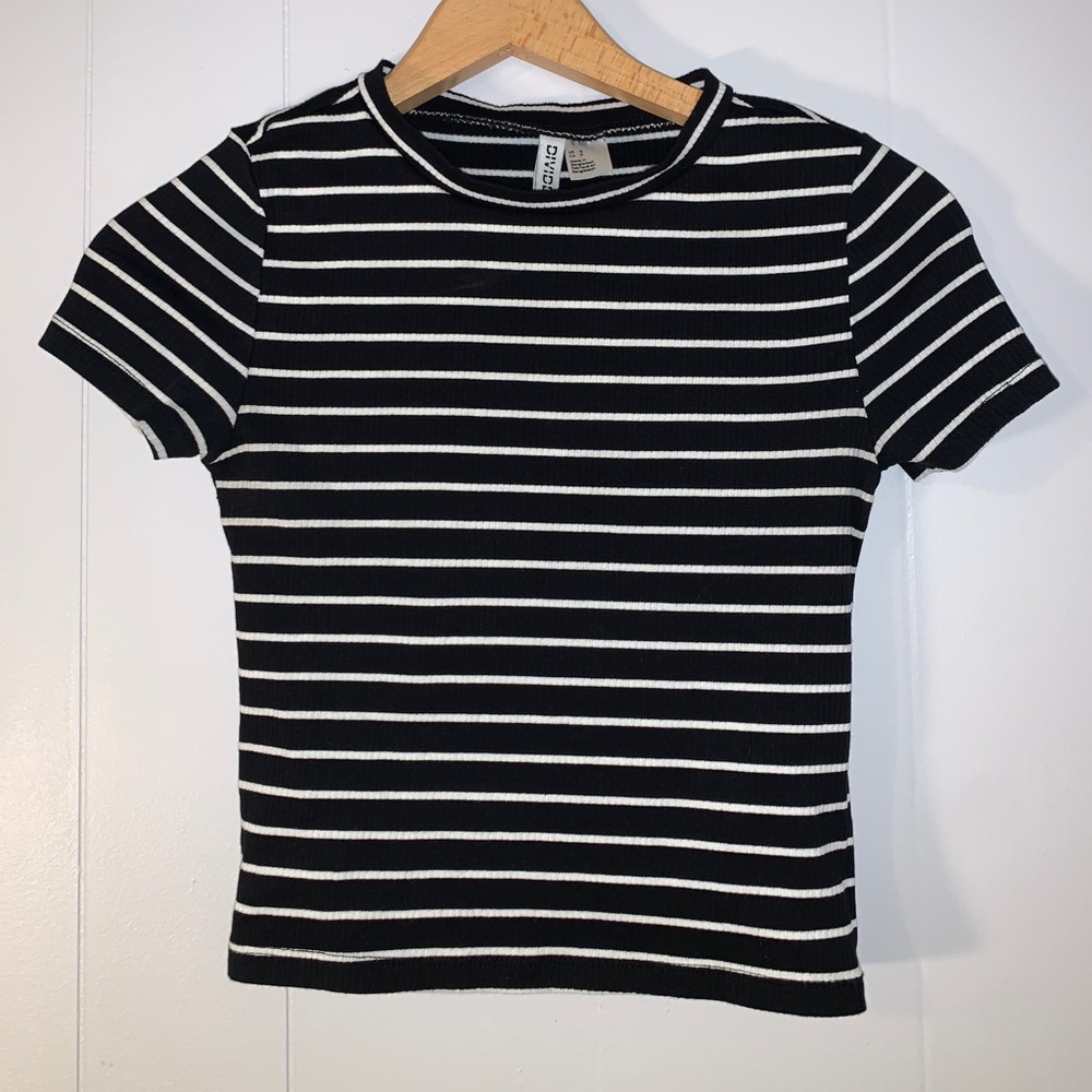 Black And White Striped Cropped Tee